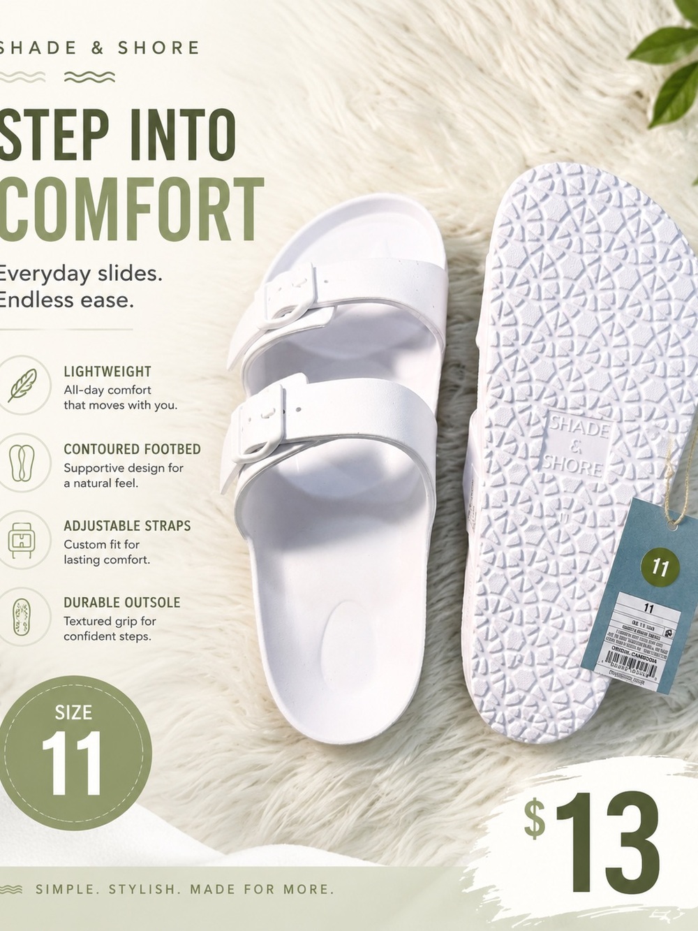 Shade & Shore White Double-Strap Buckle Slide Sandals Size 11